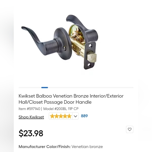 Kwikset Balboa Venetian Bronze Interior/Exterior Hall/Closet Passage Door Handle - Picture 2 of 2